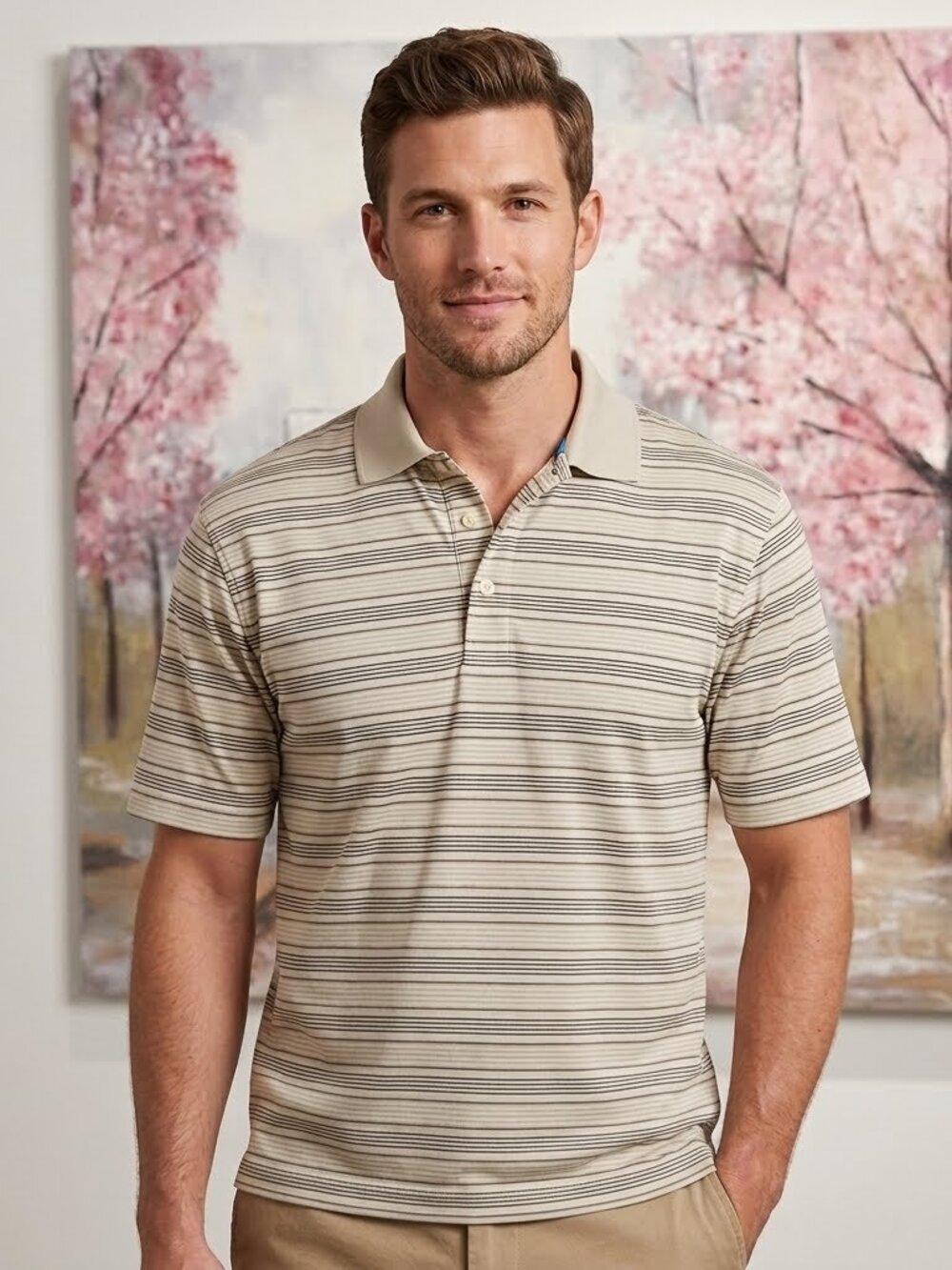 PGA Tour Mens beige, black and white striped polo shirt sz Small New with Tags
